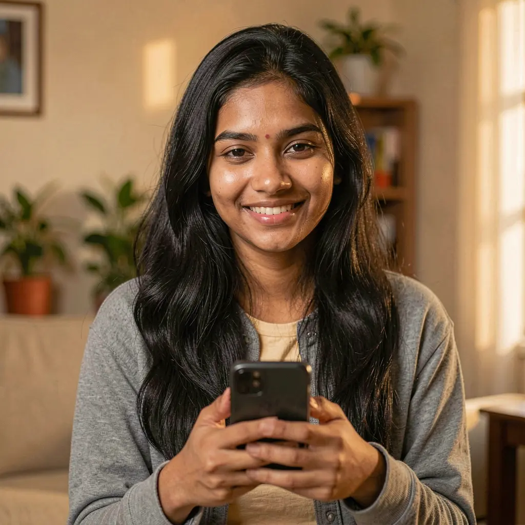 Confident Bangladeshi woman smiling while using the 995BDT mobile casino app on her smartphone in a relaxed indoor setting